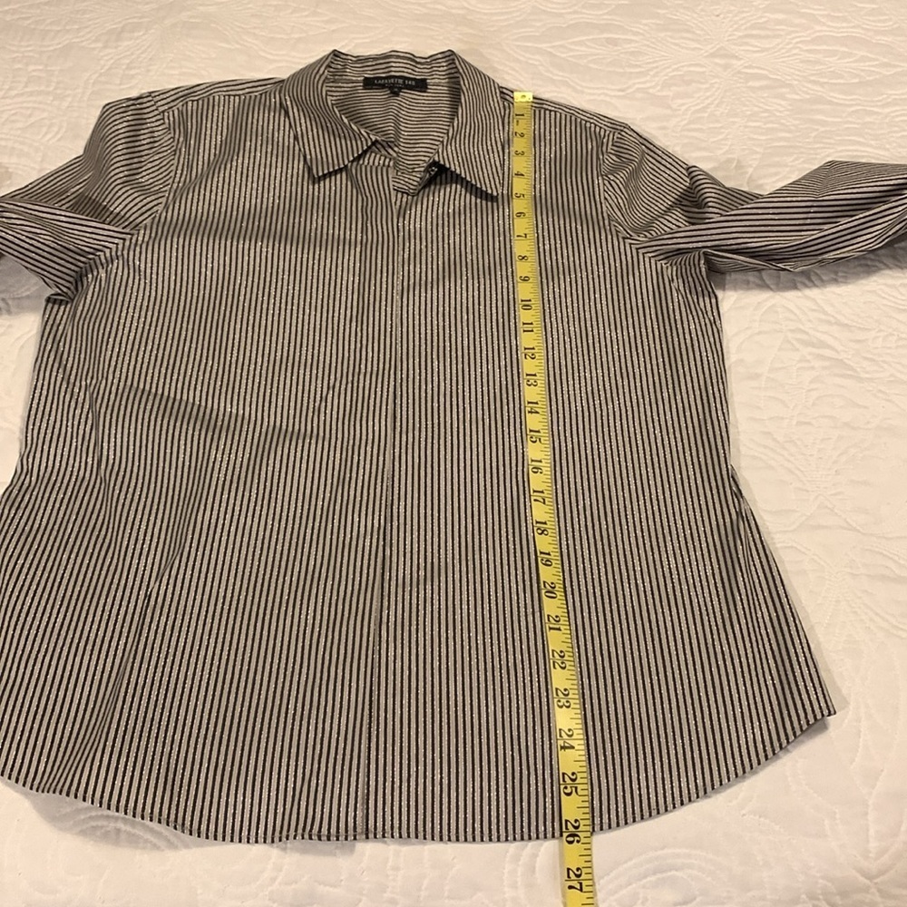 LAFAYETTE 148 NY Stripe Shimmer Button Down Long Sleeve Blouse Black Beige SZ 10 - Picture 12 of 16